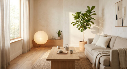 Japandi living room paper lantern fiddle leaf interior design © hue