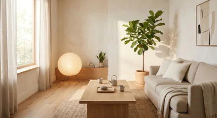 Fototapete Japandi Japandi living room paper lantern fiddle leaf interior design  © hue