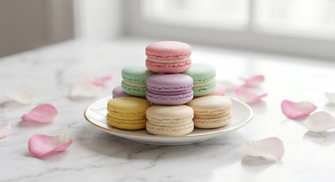 Pastel macarons stack plate rose petals food photography