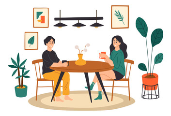 Fototapeta premium Couple drinking coffee at table. Cozy home interior scene. Daily life routine. Family joint pastime, leisure time. Man and woman togetherness in livingroom. Vector cartoon flat illustration