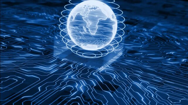 Royal blue color rotating hi tech hologram globe with motherboard chip big data hi tech design loopable dark technology background 