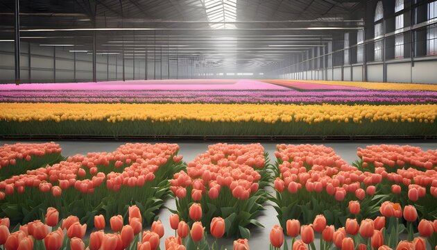 Photorealistic Dutch tulip auction warehouse, thousands of flowers on moving carts with industrial scale