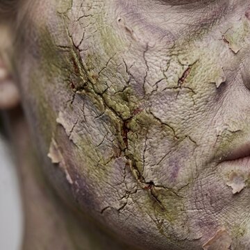 Extreme macro close up of peeling skin and stitched scars on a person wearing zombie makeup for theatrical use