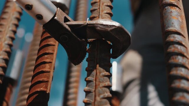 Worker tightening rebar coupler with wrench during reinforcement assembly