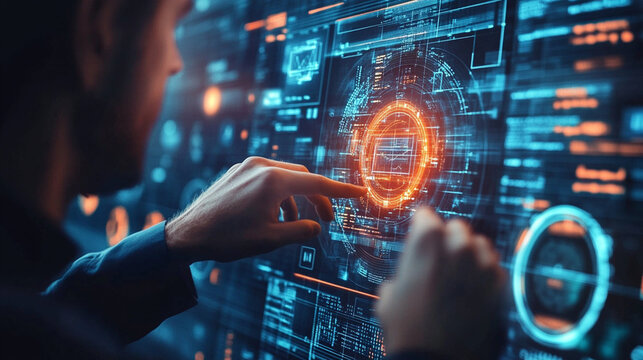 Close-up of cybersecurity analyst reviewing digital security dashboard with glowing data streams, modern technology environment, realistic stock photography