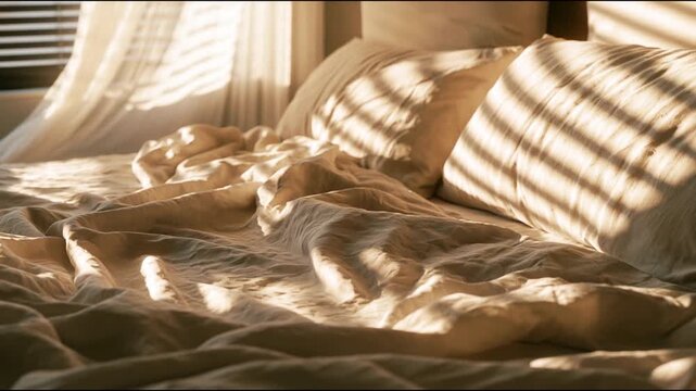 Unmade bed with linen sheets in morning sunlight
