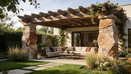 Obraz premium Rustic Outdoor Pergola with Natural Stone Pillars in Luxury Garden