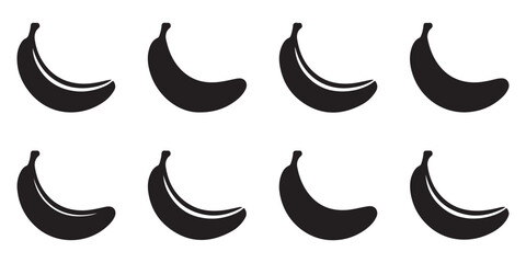 Pattern with repeated silhouette banana icons arranged in grid rows representing tropical fruit harvest background. © MONSUR.99