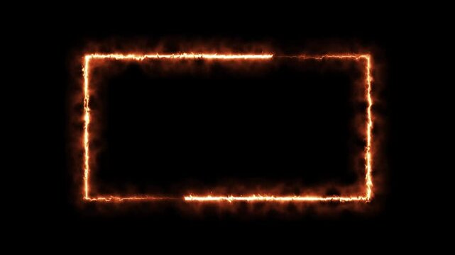 Fire neon rectangle frame animation with glowing flame border on a black  background. Seamless looping effect.