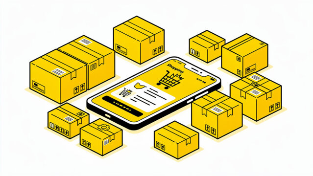 Smartphone with digital payment icons surrounded by parcels.
