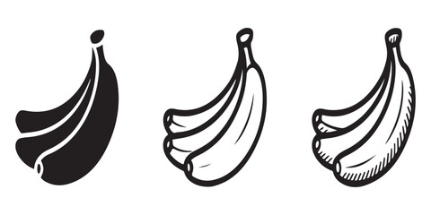 A set of three banana bunch illustrations isolated on white background with different artistic styles and details. © MONSUR.99