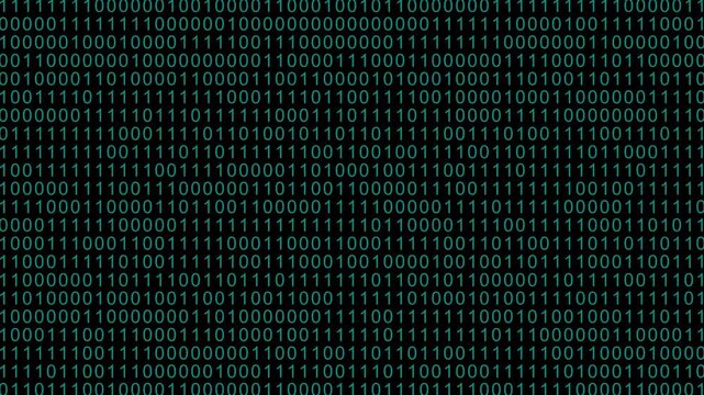 Binary Code on Black Digital Background. Rows of ones and zeros in a binary pattern create a digital data backdrop, symbolizing coding and information processing.4k animation video