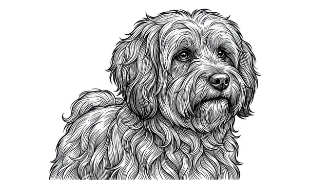 Portrait of a fluffy dog in detailed engraving style