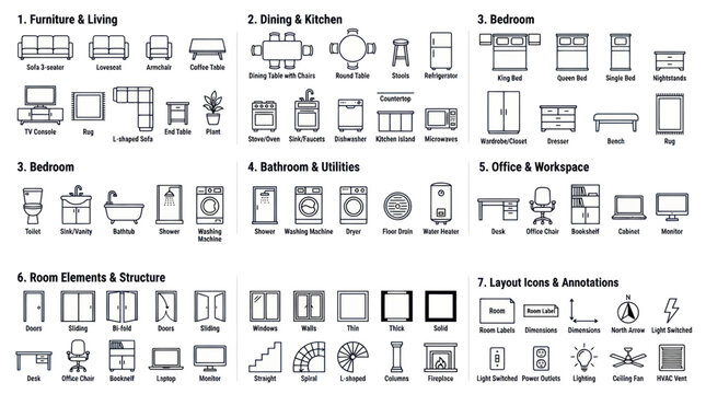 Architectural floor plan icons for interior design and layout