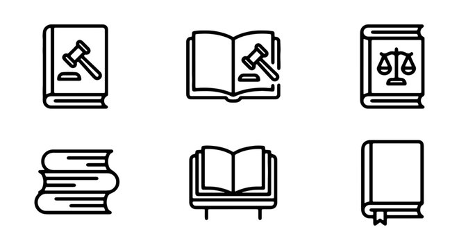 Law Books and Gavel Icons, Legal Justice Symbols, Courtroom Document Vector Set