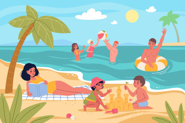Naklejka premium Summer outdoor activities. People on beach vacation, swimming with inflatable ring, palm trees, seashore landscape, sandcastle building, water activities classy vector cartoon flat concept