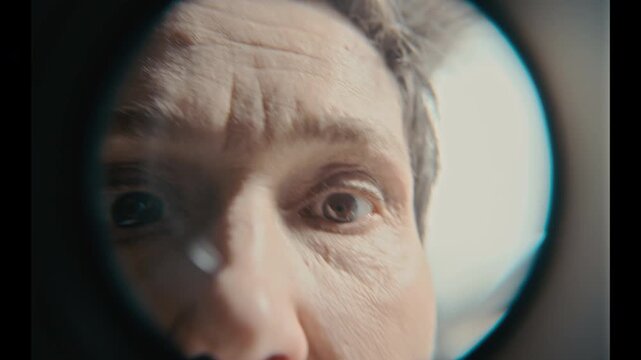 Closeup portrait of middle aged Caucasian woman looking through peephole with wide eyes, shifting her gaze. Clip is ideal for mental health awareness campaigns or psychiatric clinic promos
