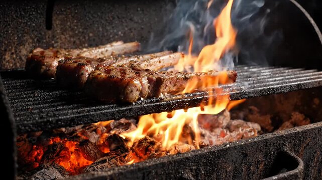 Lamb chops cooking over hot charcoal fire. Meat searing on grill. Seasoned cutlets browning slowly grill.