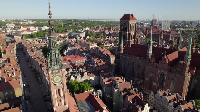 Clock Tower in Gdansk, Poland, 4K aerial view.