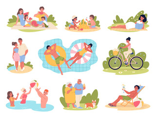 Fototapeta premium Summer activities people. Family leisure, vacation vibe, beach holiday, couple walking, slow living persons, kids playing, people relaxing, swimming, cycling classy vector cartoon flat set