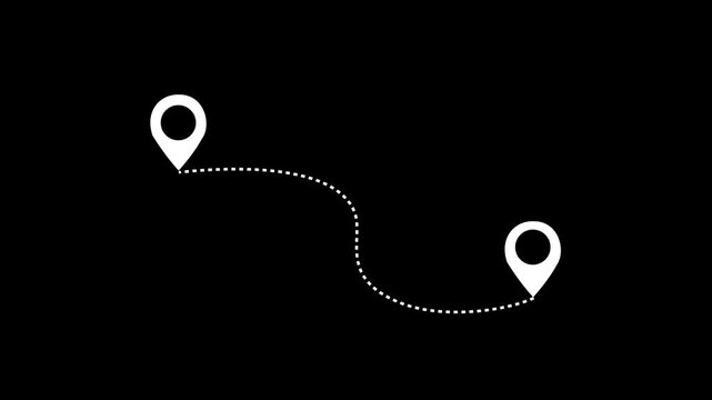 Two location pins connected by a dashed line animated on background. location pins connected by a dashed line icon 4k animation video.