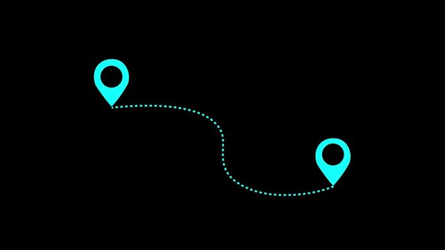 Two location pins connected by a dashed line animated on background. location pins connected by a dashed line icon 4k animation video.