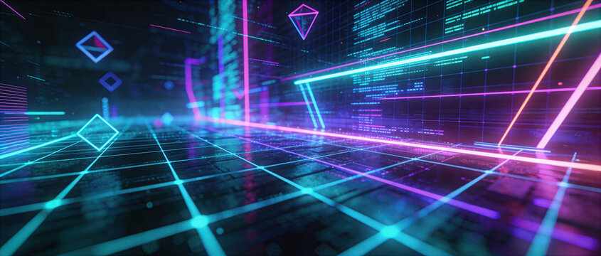 Futuristic abstract digital cyber space grid background with glowing neon light lines and geometric shapes
