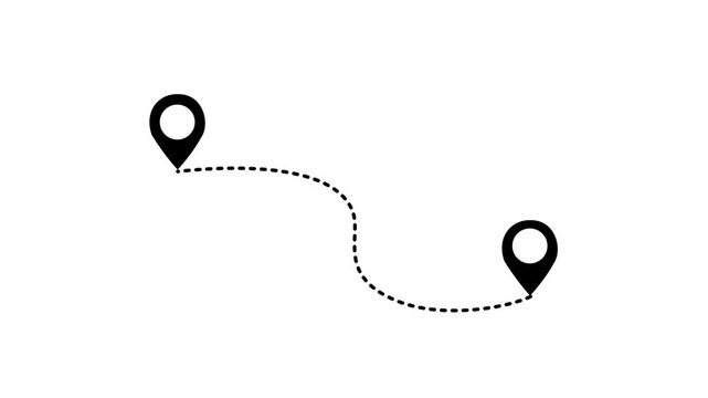 Two location pins connected by a dashed line animated on background. location pins connected by a dashed line icon 4k animation video.