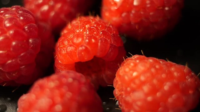 50p extreme close up shot of fresh raspberries rotating to reveal texture