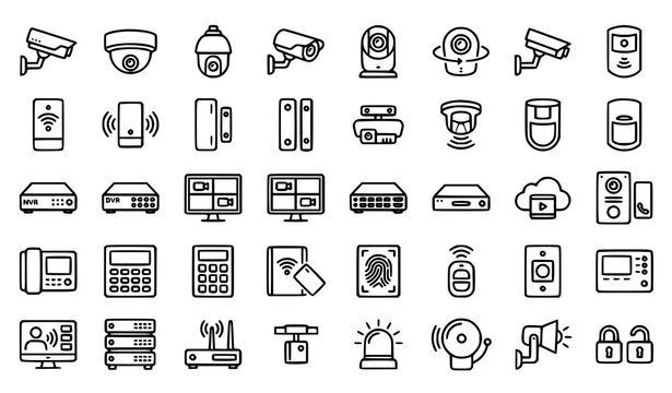 Video surveillance and intrusion alarm icon set with CCTV cameras motion sensors intercom and security system symbols vector illustration