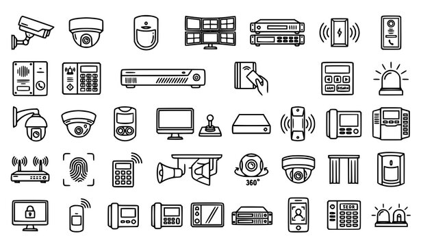 Security monitoring outline icon collection with CCTV dome camera motion detector intercom and alarm symbols vector set