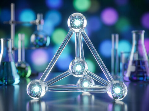 High-quality 3D render of tetrahedral molecular structure with transparent glass atoms, internal bubbles, and soft bokeh background, representing chemistry, physics, and scientific research.