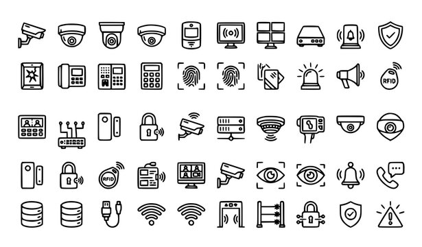 Surveillance and intrusion detection monoline icon set with cameras sensors monitors and intercom devices vector illustration