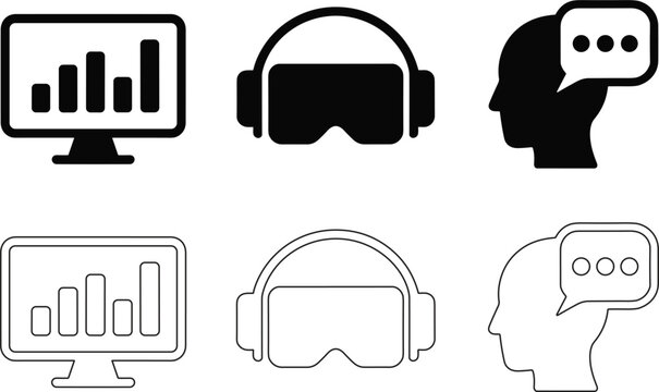 Technology Icons Collection Featuring Data Analytics, Virtual Reality, and AI Communication Symbols