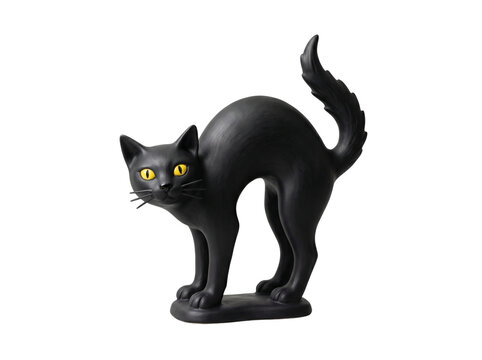 Isolated side view of a stylized black cat prop with an arched back and yellow eyes for Halloween holiday decor branding