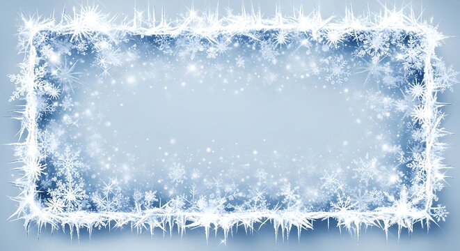 Winter snowflake border frame with icicles and snowflakes on blue background