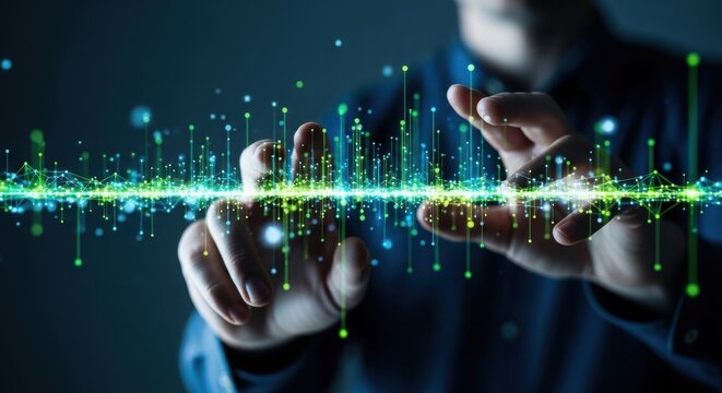 Person interacting with digital data stream concept technology innovation