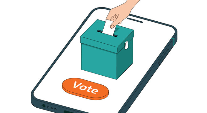 Hand inserting a ballot paper into a solid teal voting box on a smartphone screen with a digital button for secure online elections.