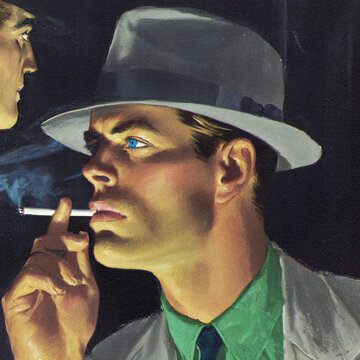 A striking Caucasian male in a fedora, smoking a cigarette with a contemplative expression.