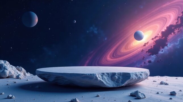 Ethereal Celestial Platform A Serene, Otherworldly Landscape with a Flat Rock Surface Ideal for Product Display Against a Backdrop of Planets and a Vibrant Nebula