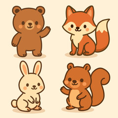 Fototapeta premium Cute Kawaii Woodland Animals Character Set Flat Vector Illustration