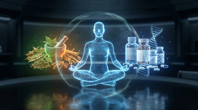 Glowing holographic figure meditating between herbal and pharmaceutical elements, symbolizing integrative medicine, holistic wellness, healing balance, and fusion of traditional remedies with biotech.
