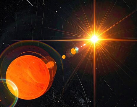 Bright stellar flare and lens flares illuminate dark, scratched space