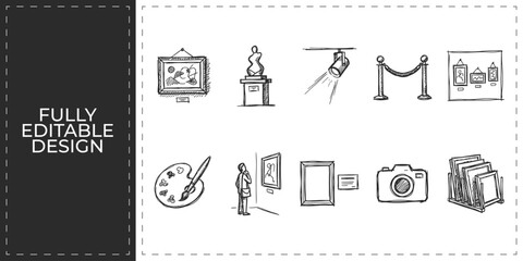 Fototapeta premium Museum exhibition and fine art gallery hand drawn doodle icons set featuring sculptures paintings and photography for culture and tourism agency branding design