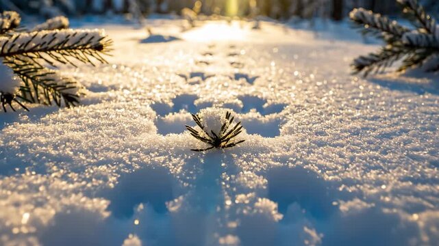 Close-up of rabbit footprints in sparkling snow. Animal tracks near a pine sprig in a winter forest. Macro nature detail