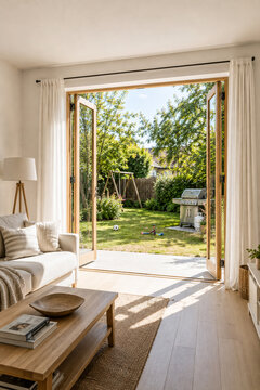 Sunlit white living room with open wooden doors to garden