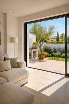 Modern Mediterranean living room opening to sunny Spanish courtyard