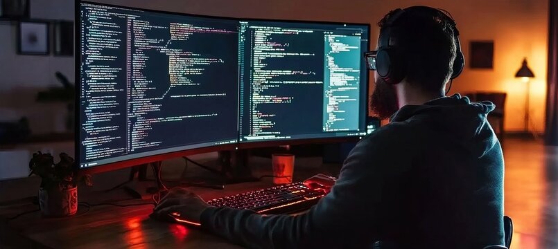 Focused software developer coding late at night, wearing headsets and working on dual monitors.