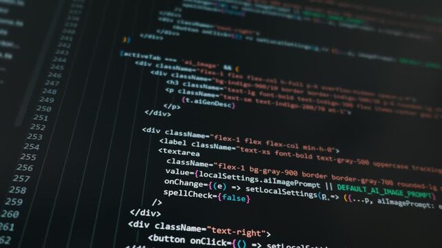 Colorful web development syntax shines brightly on a modern dark computer monitor screen. Concept of modern software engineering, advanced programming skills, and digital technology.