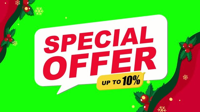 Special offer text sits inside a white speech bubble decorated with festive holly leaves and berries on a bright green background to promote holiday shopping discounts for retail businesses.